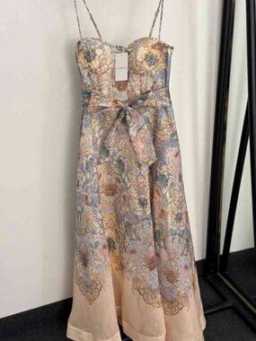Zimmermann Floral Corset Midi Dress Tie Waist Spaghetti Strap Pastel NWT